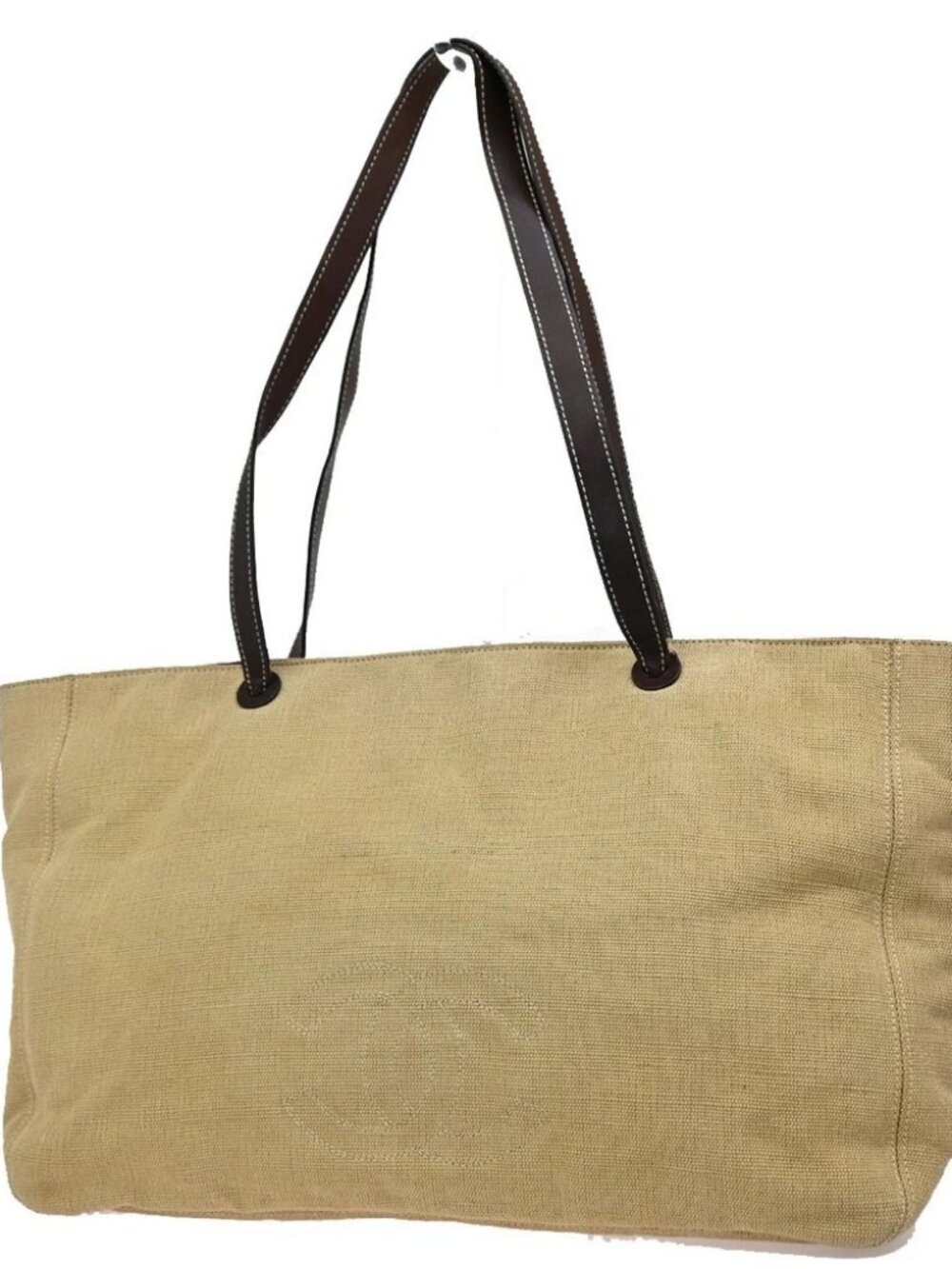 CHANEL CC Logo Shoulder Tote Bag Canvas Leather Beige Brown Vintage 77KP040